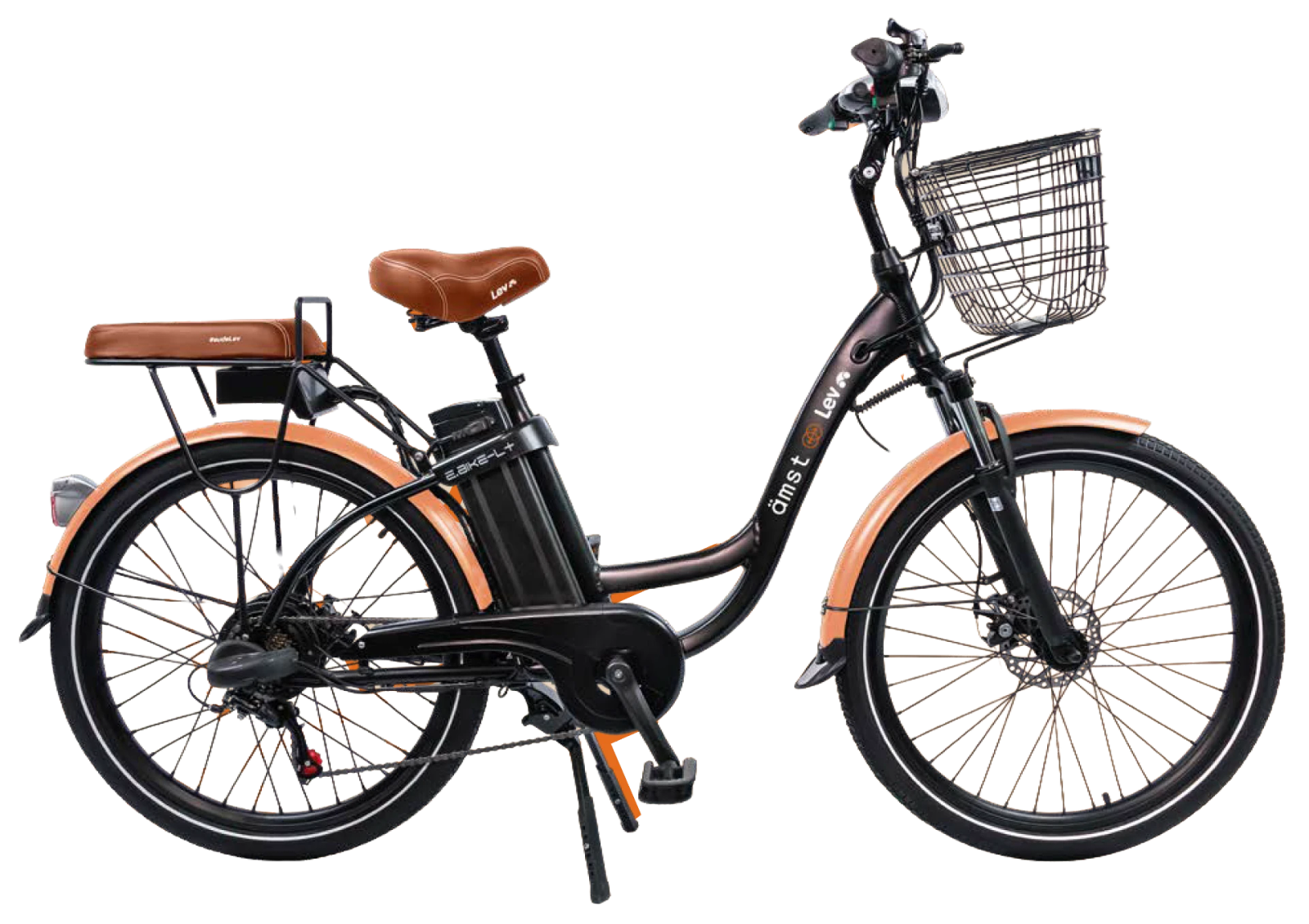 Bicicleta elétrica Lev preta com paralamas laranja, co-branded ämst × Lev