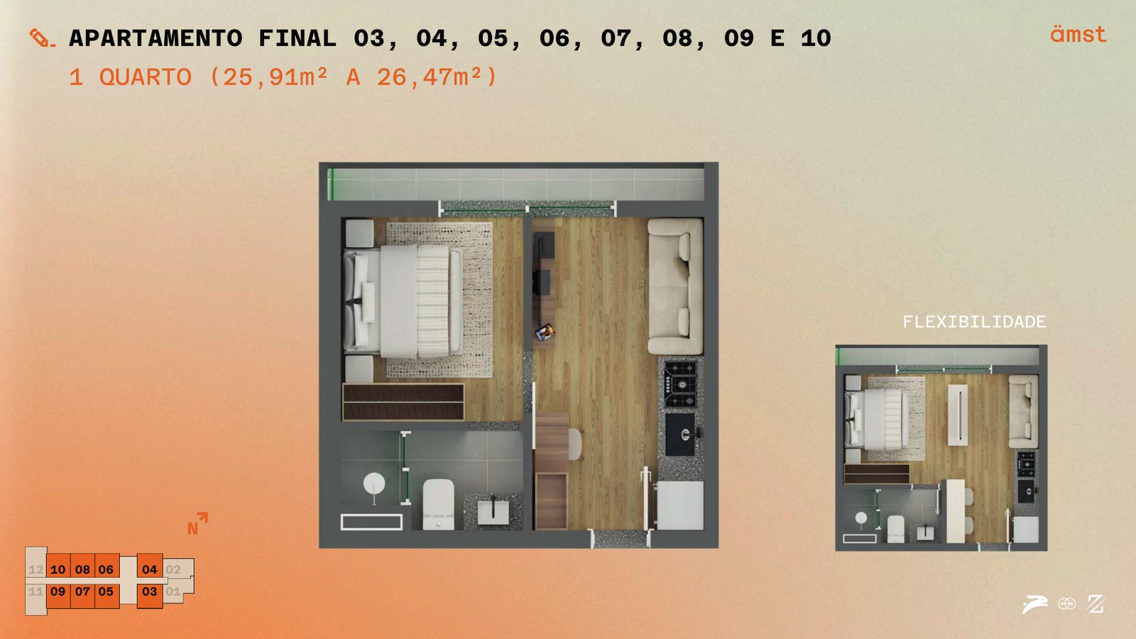 Apartamento final 03, 04, 05, 06, 07, 08, 09 e 10 — 25,91 m² a 26,47 m²